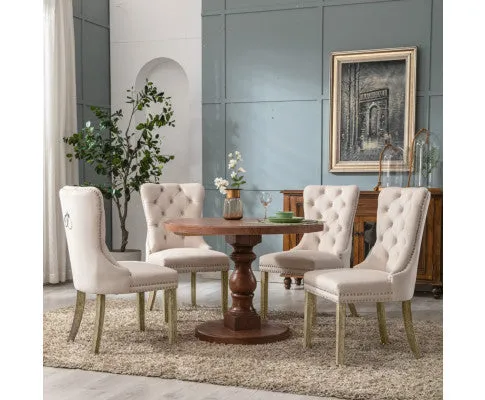 2x Velvet Dining Chairs Upholstered Tufted Kithcen Chair with Solid Wood Legs Stud Trim and Ring-Beige