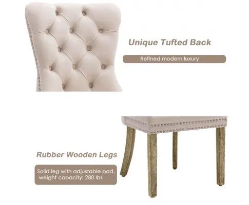 2x Velvet Dining Chairs Upholstered Tufted Kithcen Chair with Solid Wood Legs Stud Trim and Ring-Beige