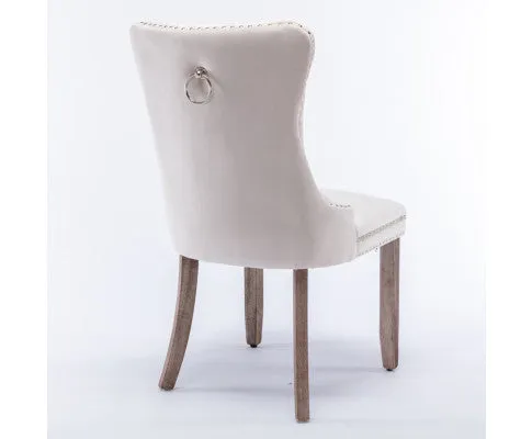 2x Velvet Dining Chairs Upholstered Tufted Kithcen Chair with Solid Wood Legs Stud Trim and Ring-Beige