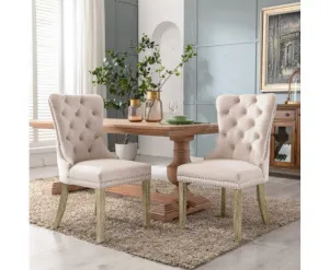 2x Velvet Dining Chairs Upholstered Tufted Kithcen Chair with Solid Wood Legs Stud Trim and Ring-Beige