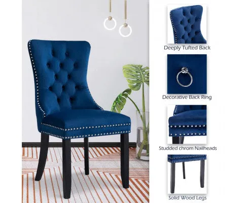 2x Velvet Dining Chairs Upholstered Tufted Kithcen Chair with Solid Wood Legs Stud Trim and Ring-Blue