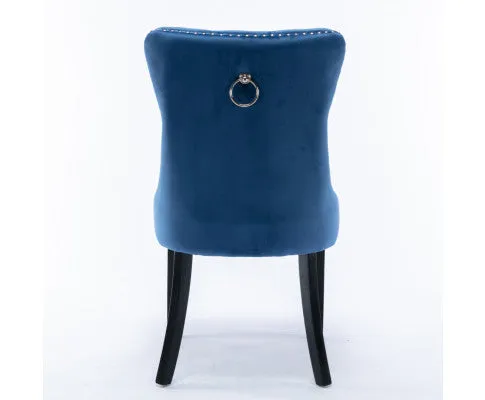 2x Velvet Dining Chairs Upholstered Tufted Kithcen Chair with Solid Wood Legs Stud Trim and Ring-Blue