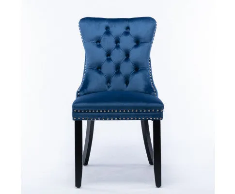 2x Velvet Dining Chairs Upholstered Tufted Kithcen Chair with Solid Wood Legs Stud Trim and Ring-Blue