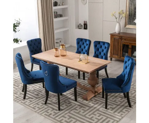 2x Velvet Dining Chairs Upholstered Tufted Kithcen Chair with Solid Wood Legs Stud Trim and Ring-Blue