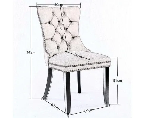 2x Velvet Dining Chairs Upholstered Tufted Kithcen Chair with Solid Wood Legs Stud Trim and Ring-Gray