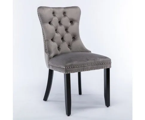 2x Velvet Dining Chairs Upholstered Tufted Kithcen Chair with Solid Wood Legs Stud Trim and Ring-Gray