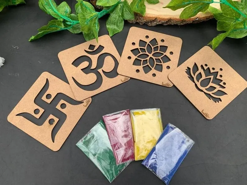 4 Pics Set Reusable Rangoli Stencils Making Tools Kit DIY Template Mats for Diwali Navratri Decor Pooja Room Floor Entrance Temple Festive Office Living Room Indoor Outdoor Decoration Items