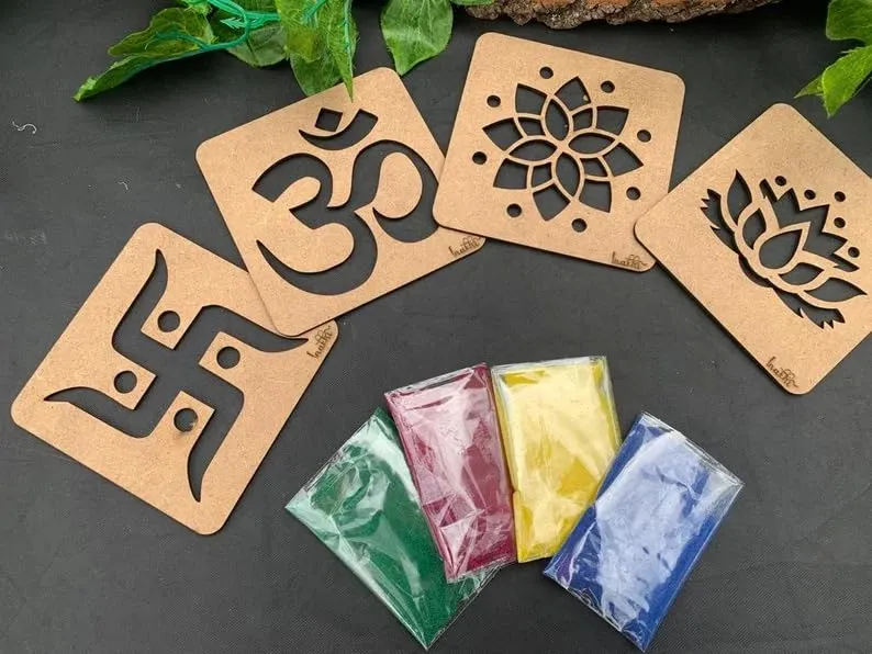 4 Pics Set Reusable Rangoli Stencils Making Tools Kit DIY Template Mats for Diwali Navratri Decor Pooja Room Floor Entrance Temple Festive Office Living Room Indoor Outdoor Decoration Items