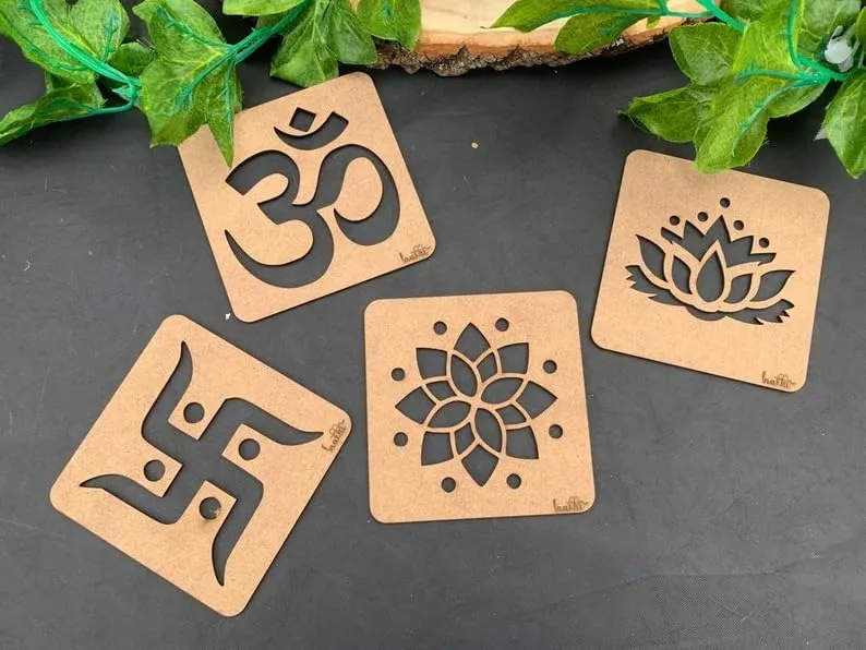 4 Pics Set Reusable Rangoli Stencils Making Tools Kit DIY Template Mats for Diwali Navratri Decor Pooja Room Floor Entrance Temple Festive Office Living Room Indoor Outdoor Decoration Items