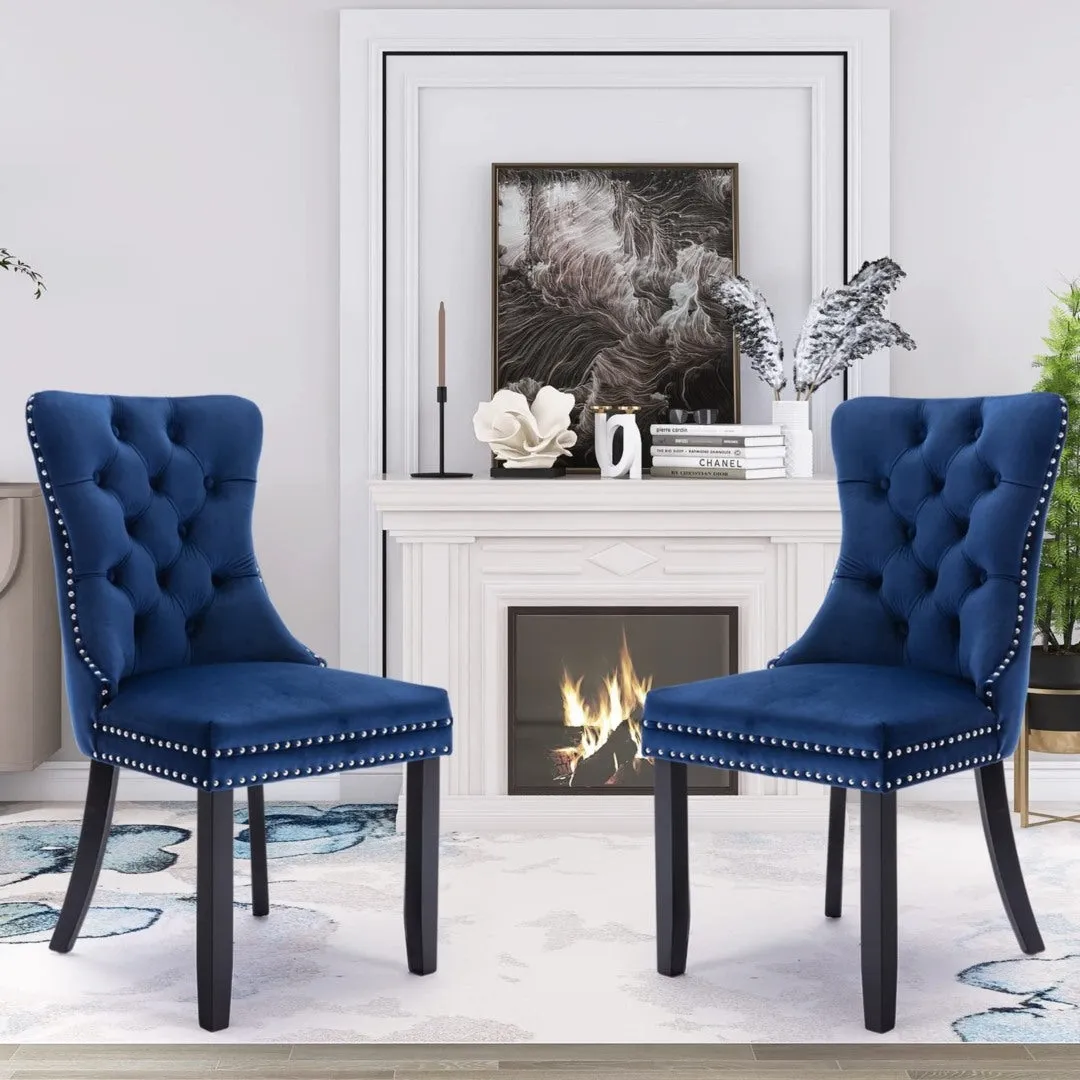 4x Velvet Tufted Dining Chairs with High Back & Wood Legs