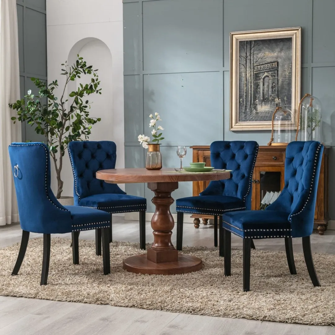 4x Velvet Tufted Dining Chairs with High Back & Wood Legs