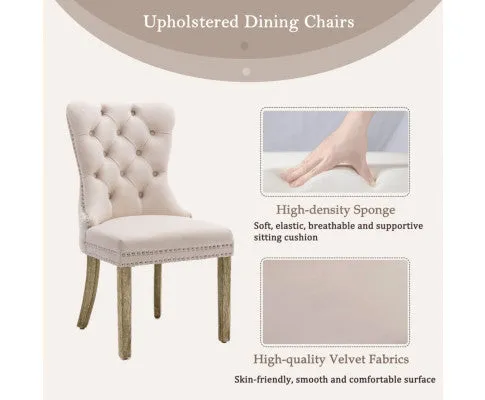 6x Velvet Dining Chairs Upholstered Tufted Kithcen Chair with Solid Wood Legs Stud Trim and Ring-Beige