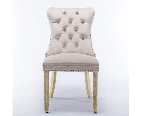 6x Velvet Dining Chairs Upholstered Tufted Kithcen Chair with Solid Wood Legs Stud Trim and Ring-Beige