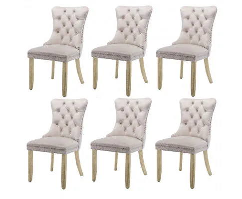 6x Velvet Dining Chairs Upholstered Tufted Kithcen Chair with Solid Wood Legs Stud Trim and Ring-Beige