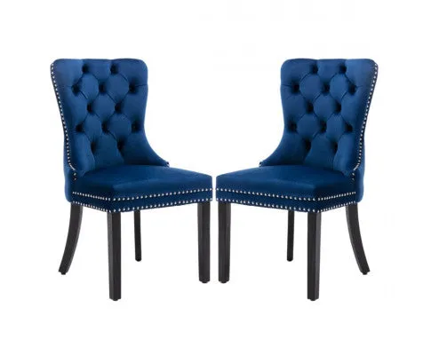 6x Velvet Dining Chairs Upholstered Tufted Kithcen Chair with Solid Wood Legs Stud Trim and Ring-Blue