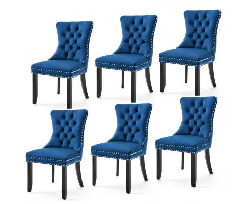 6x Velvet Dining Chairs Upholstered Tufted Kithcen Chair with Solid Wood Legs Stud Trim and Ring-Blue