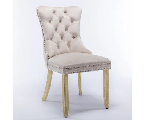 8x Velvet Dining Chairs Upholstered Tufted Kithcen Chair with Solid Wood Legs Stud Trim and Ring-Beige