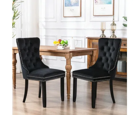 8x Velvet Dining Chairs Upholstered Tufted Kithcen Chair with Solid Wood Legs Stud Trim and Ring-Black