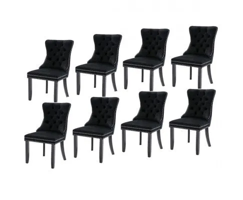 8x Velvet Dining Chairs Upholstered Tufted Kithcen Chair with Solid Wood Legs Stud Trim and Ring-Black