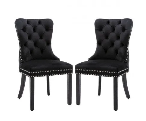 8x Velvet Dining Chairs Upholstered Tufted Kithcen Chair with Solid Wood Legs Stud Trim and Ring-Black