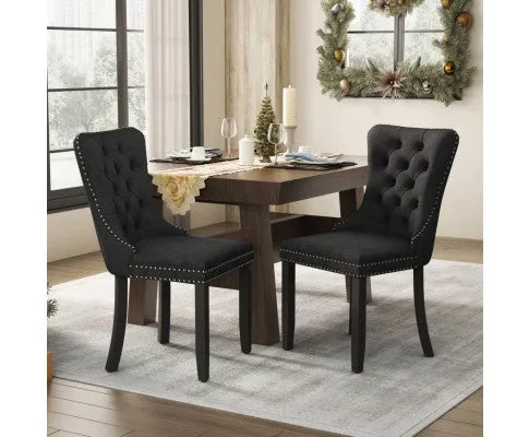 8x Velvet Dining Chairs Upholstered Tufted Kithcen Chair with Solid Wood Legs Stud Trim and Ring-Black