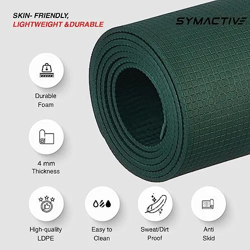 Amazon Brand - Symactive 4mm Anti-Skid Lightweight Water/Dirt Proof LDPE Yoga Mat with Carry Bag (Bottle Green)