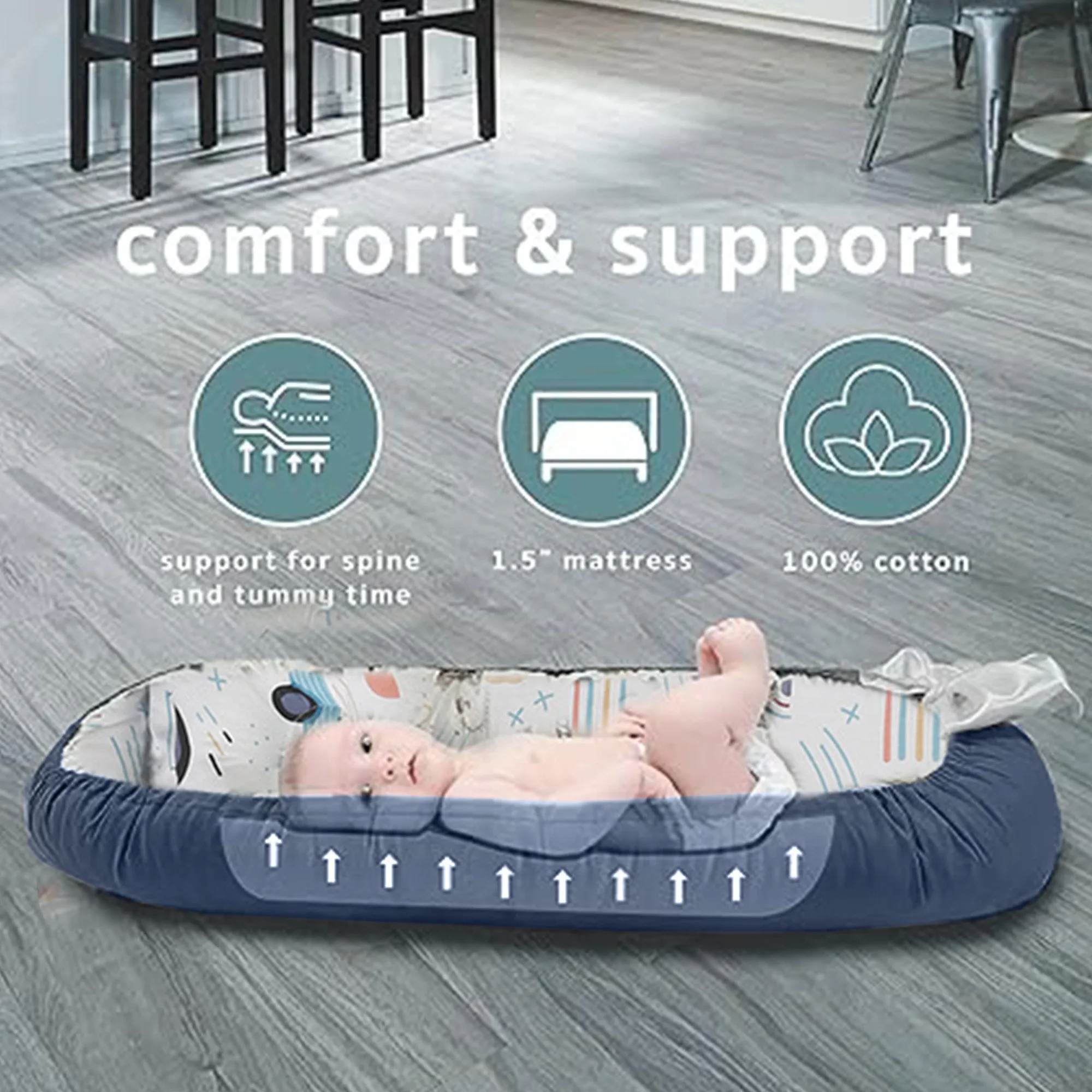 Babymoon Baby Nest Bed with Pillow | Adjustable, Portable, Reversible, Foldable | Cotton Baby Mattress Sleeping Bed | Car Blue