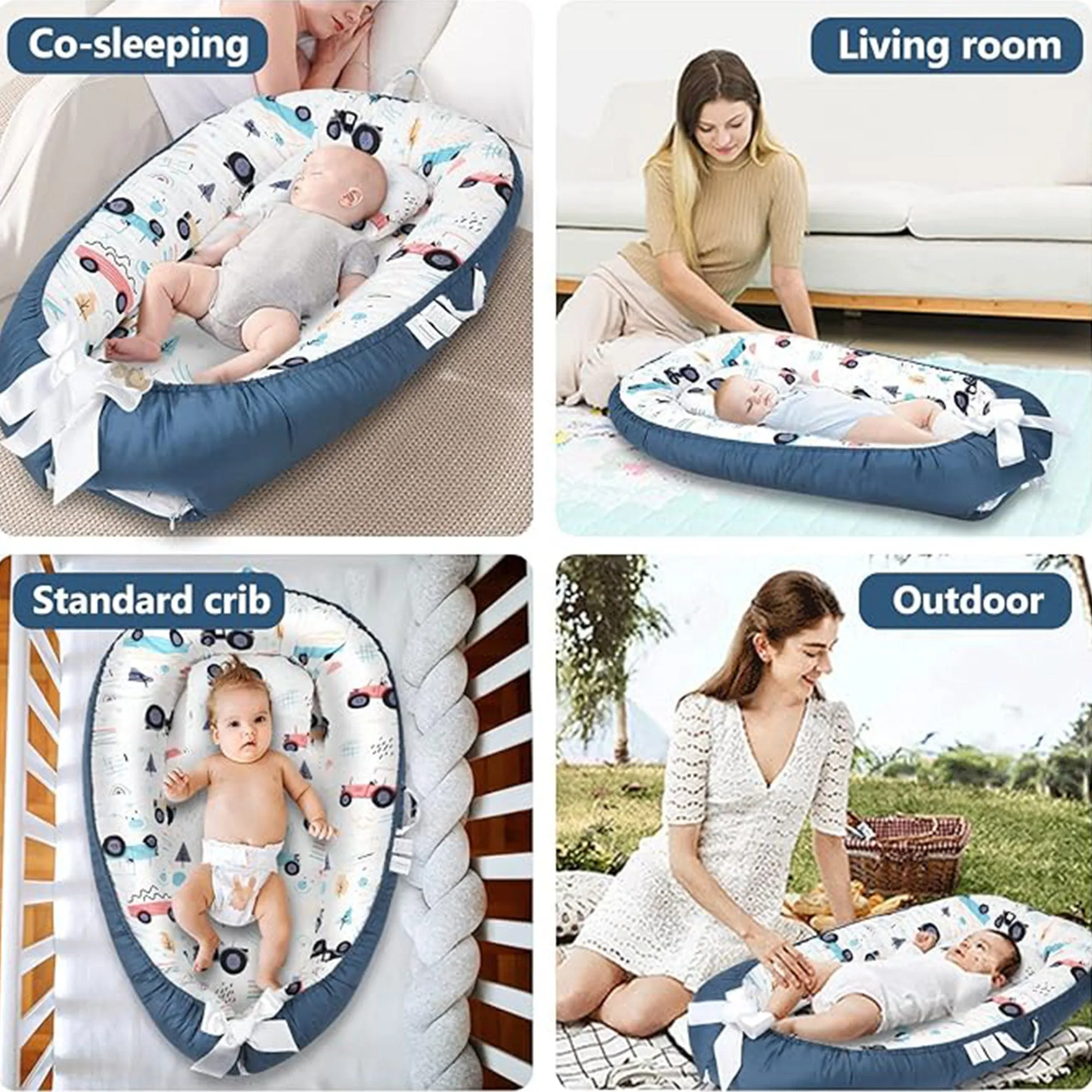 Babymoon Baby Nest Bed with Pillow | Adjustable, Portable, Reversible, Foldable | Cotton Baby Mattress Sleeping Bed | Car Blue