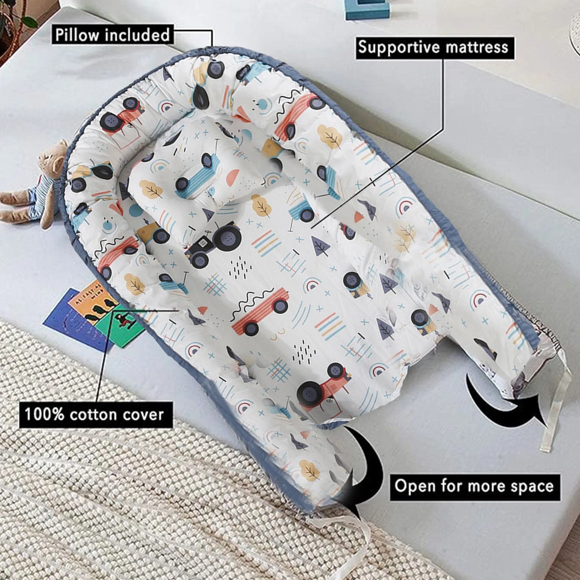 Babymoon Baby Nest Bed with Pillow | Adjustable, Portable, Reversible, Foldable | Cotton Baby Mattress Sleeping Bed | Car Blue