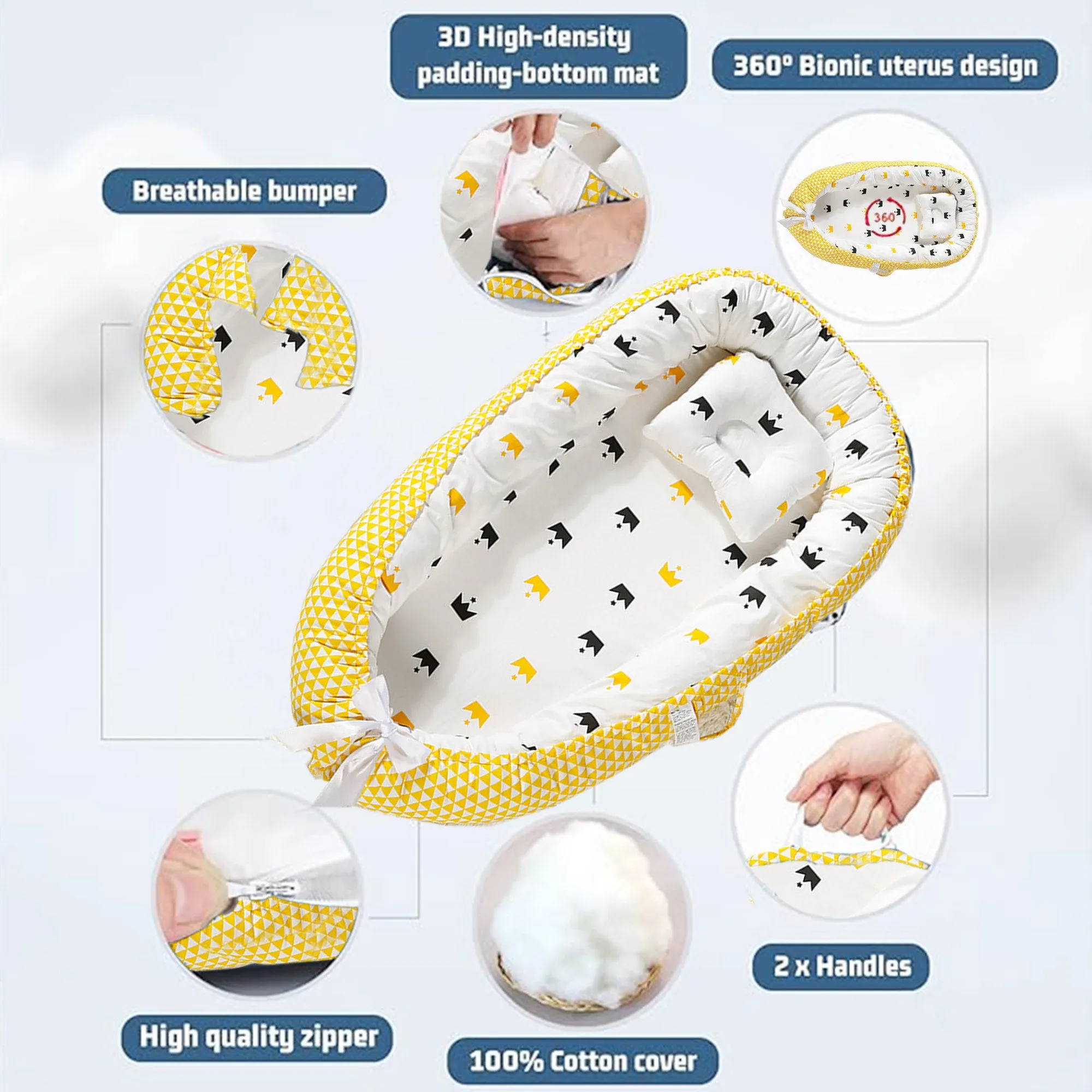 Babymoon Baby Nest Bed with Pillow | Adjustable, Portable, Reversible, Foldable | Cotton Baby Mattress Sleeping Bed | Crown Yellow