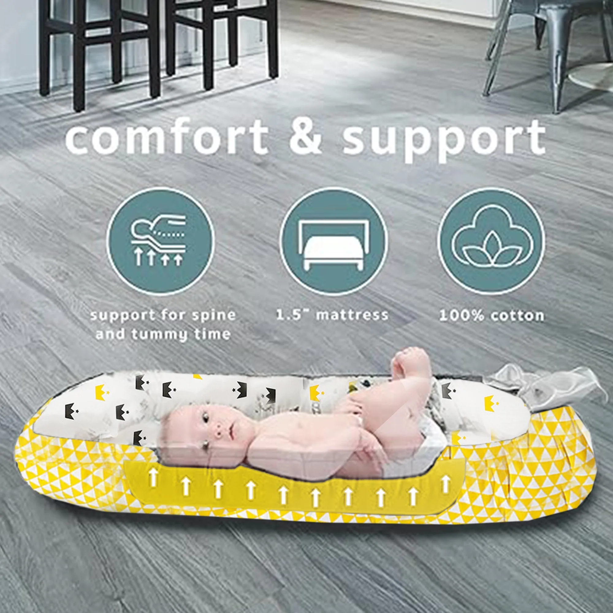 Babymoon Baby Nest Bed with Pillow | Adjustable, Portable, Reversible, Foldable | Cotton Baby Mattress Sleeping Bed | Crown Yellow