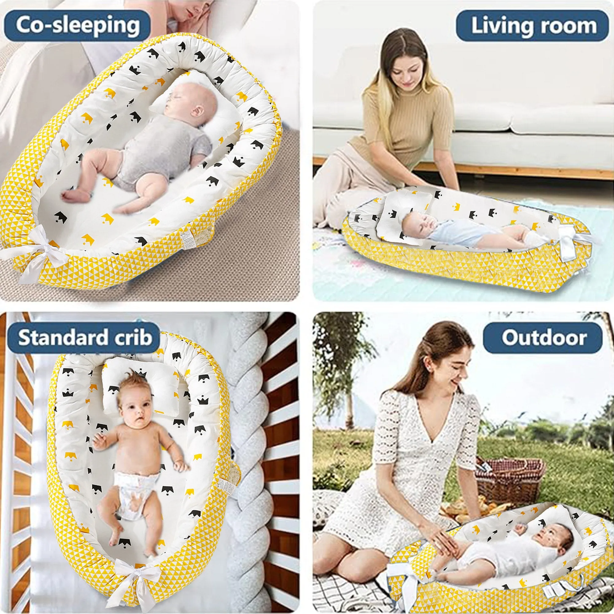 Babymoon Baby Nest Bed with Pillow | Adjustable, Portable, Reversible, Foldable | Cotton Baby Mattress Sleeping Bed | Crown Yellow