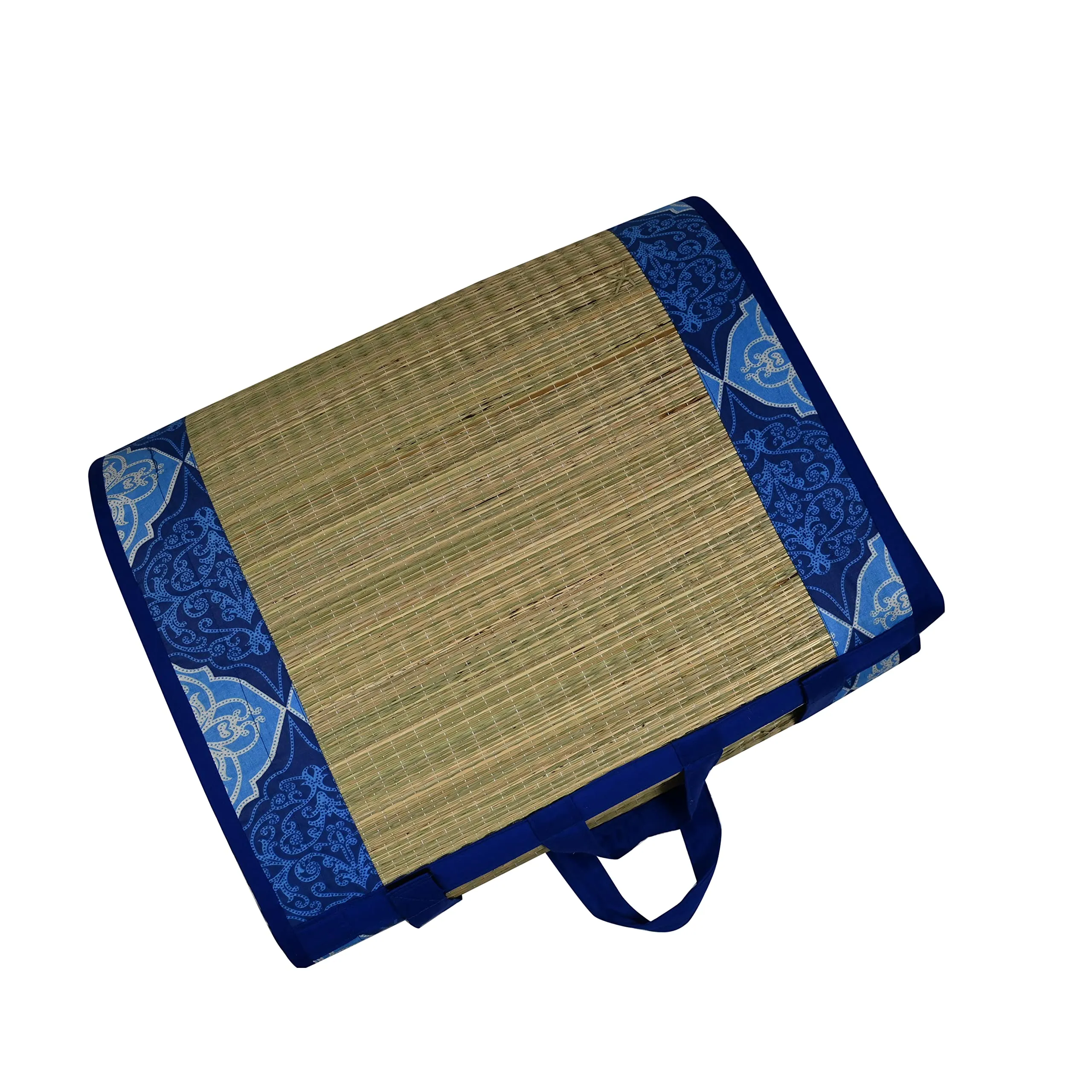 Craft Of India Foldable korai Grass Mat 4X6 ft with 30MM Soft Foam Hand Made Fabric Blue Cotton