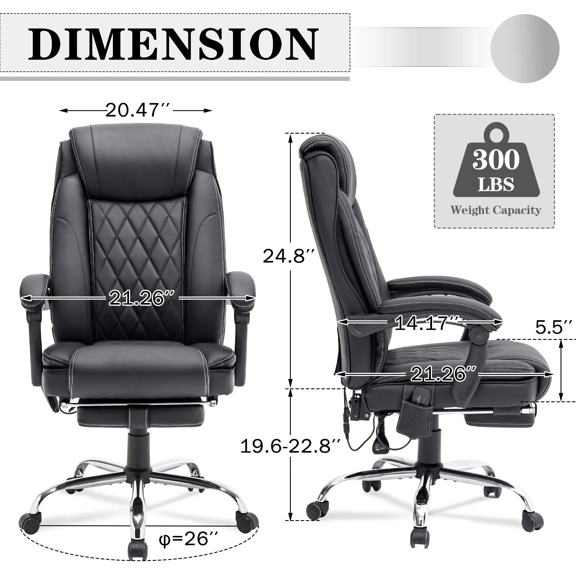 Ergonomic Executive PU Leather Adjustable Height Massage and Heated Office Chair Black