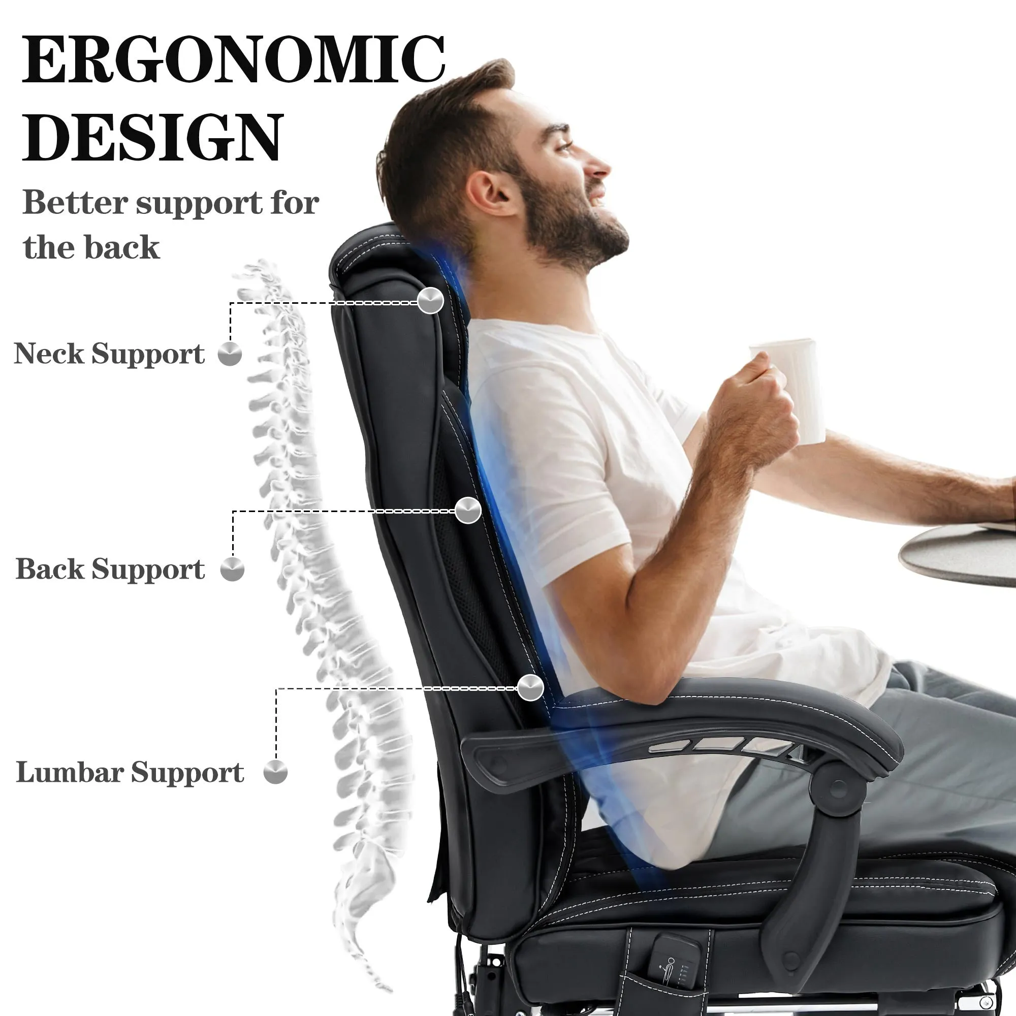 Ergonomic Executive PU Leather Adjustable Height Massage and Heated Office Chair Black