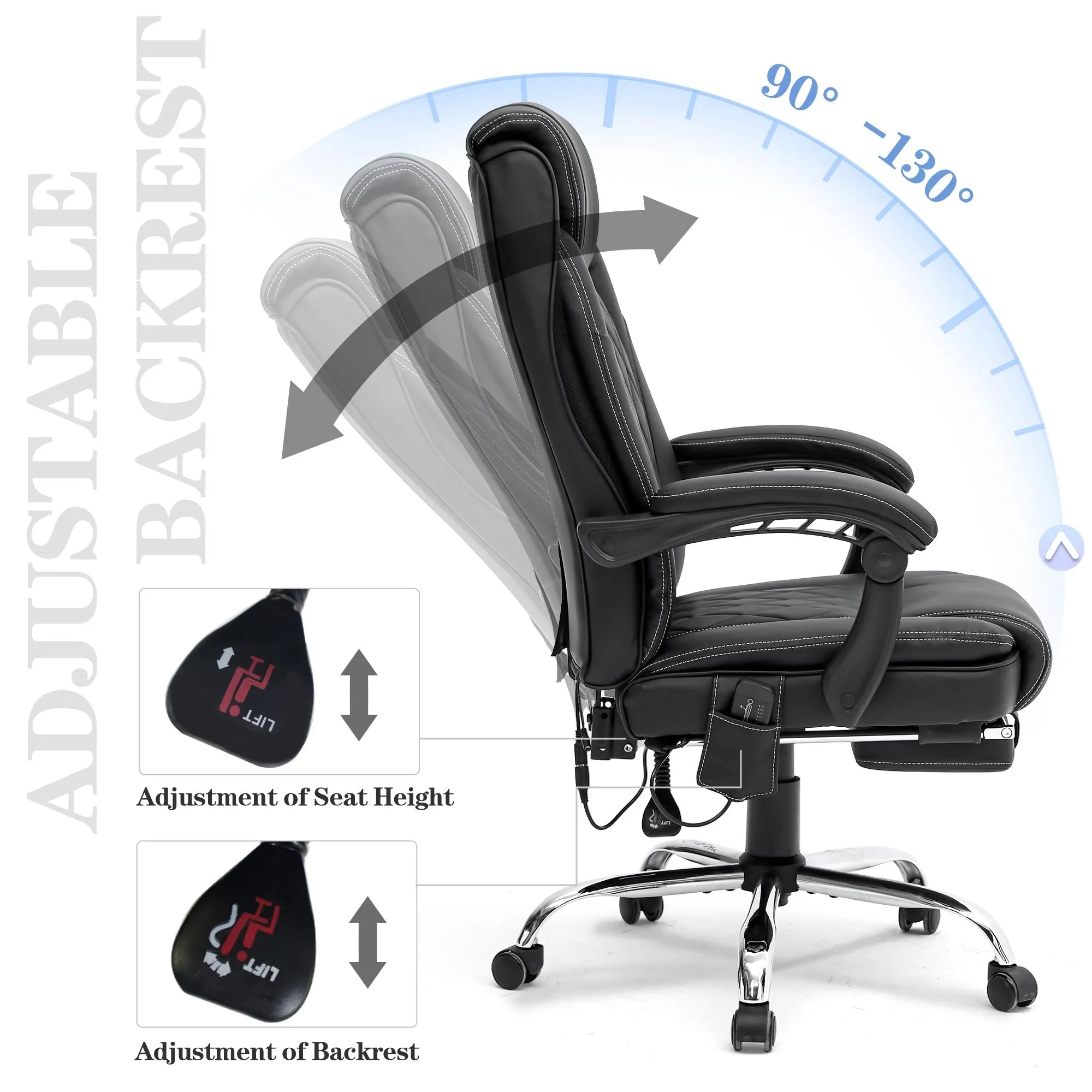 Ergonomic Executive PU Leather Adjustable Height Massage and Heated Office Chair Black