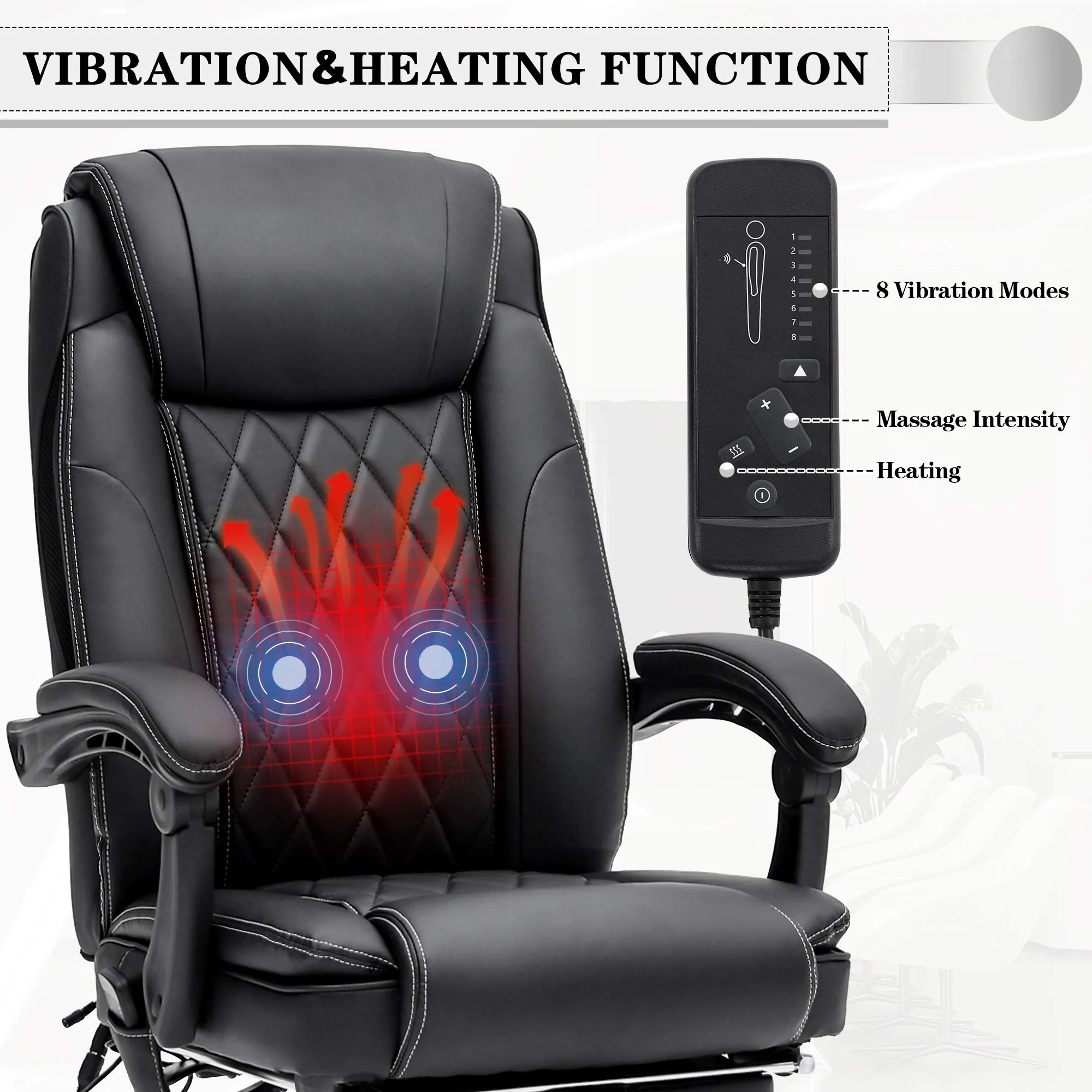 Ergonomic Executive PU Leather Adjustable Height Massage and Heated Office Chair Black