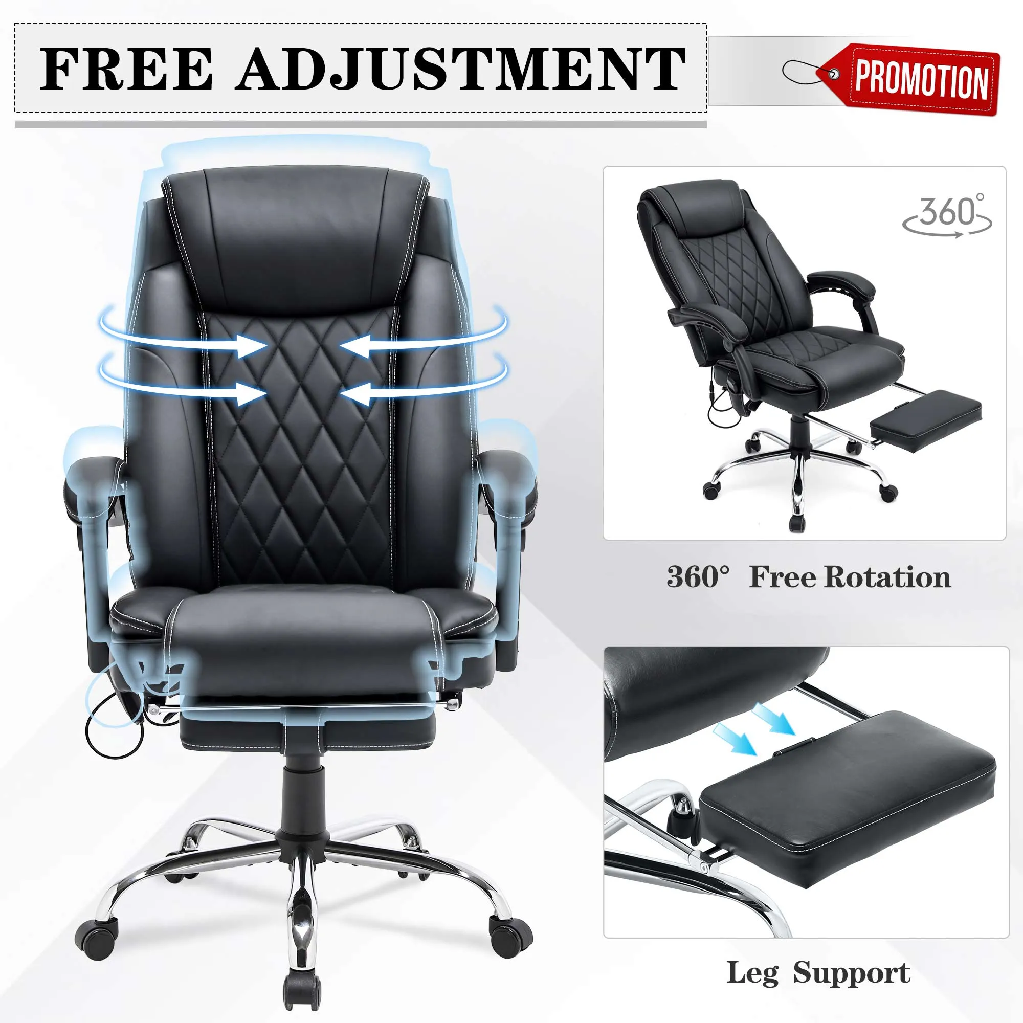 Ergonomic Executive PU Leather Adjustable Height Massage and Heated Office Chair Black