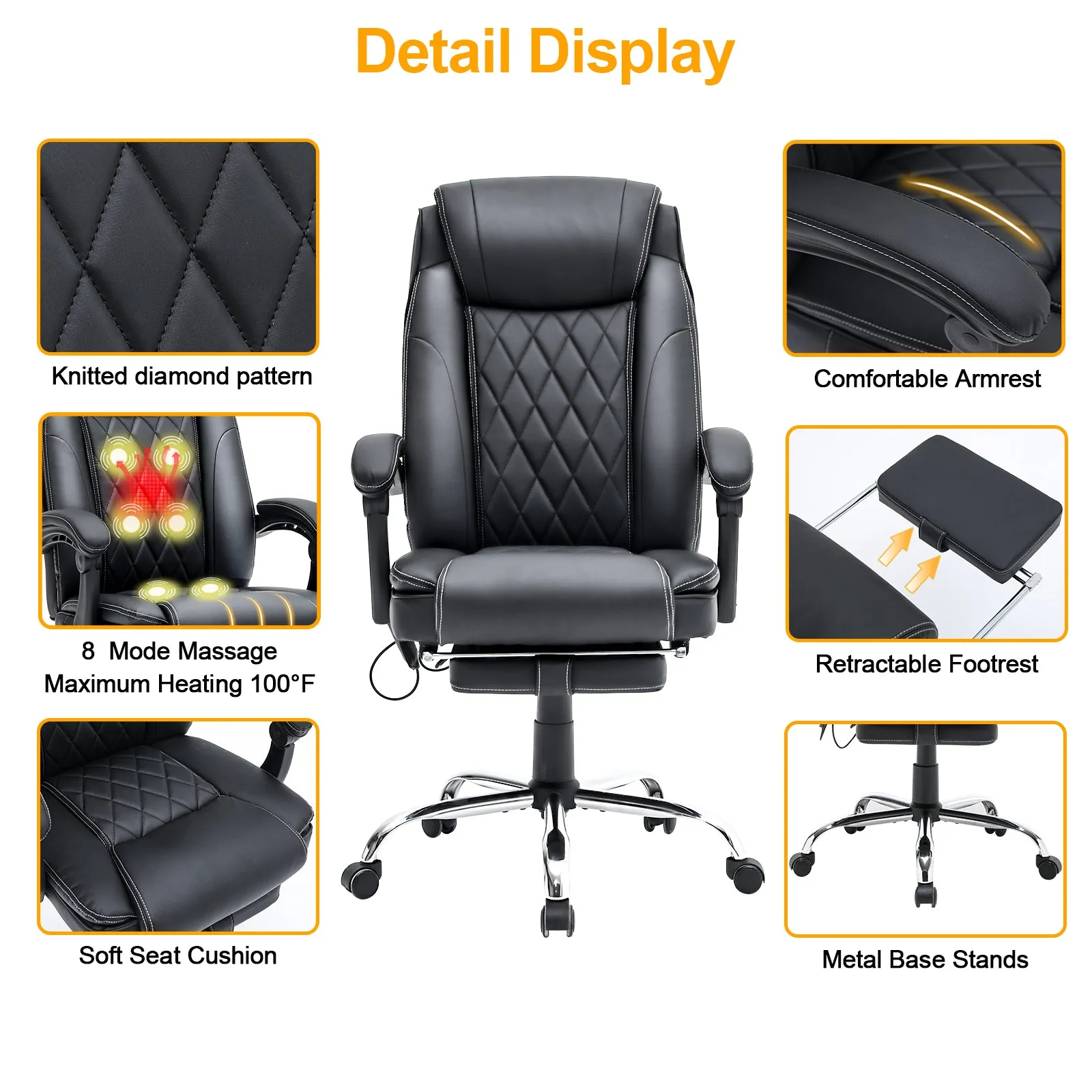 Ergonomic Executive PU Leather Adjustable Height Massage and Heated Office Chair Black