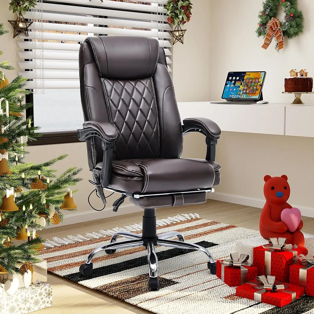 Ergonomic Executive PU Leather Adjustable Height Massage and Heated Office Chair Brown