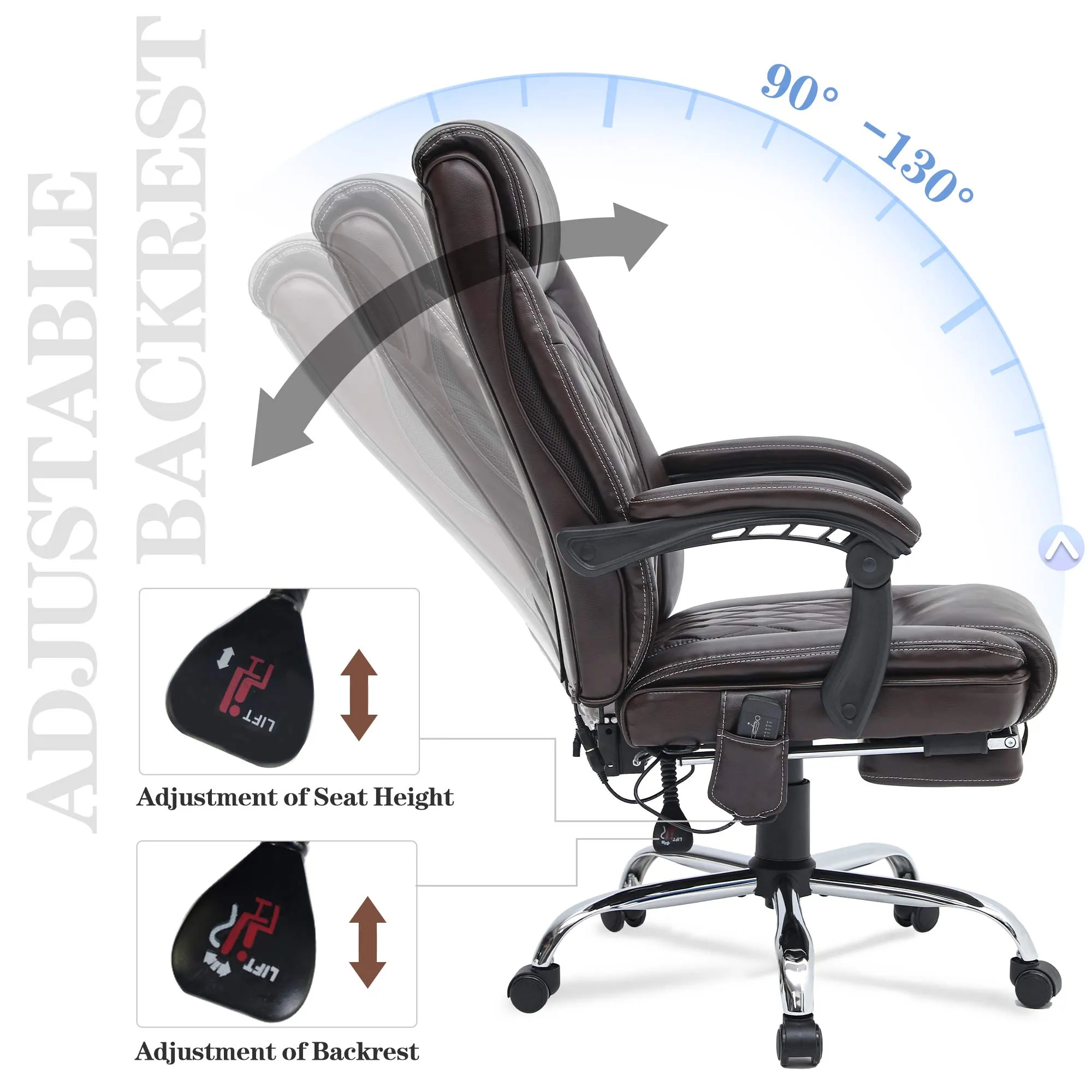 Ergonomic Executive PU Leather Adjustable Height Massage and Heated Office Chair Brown