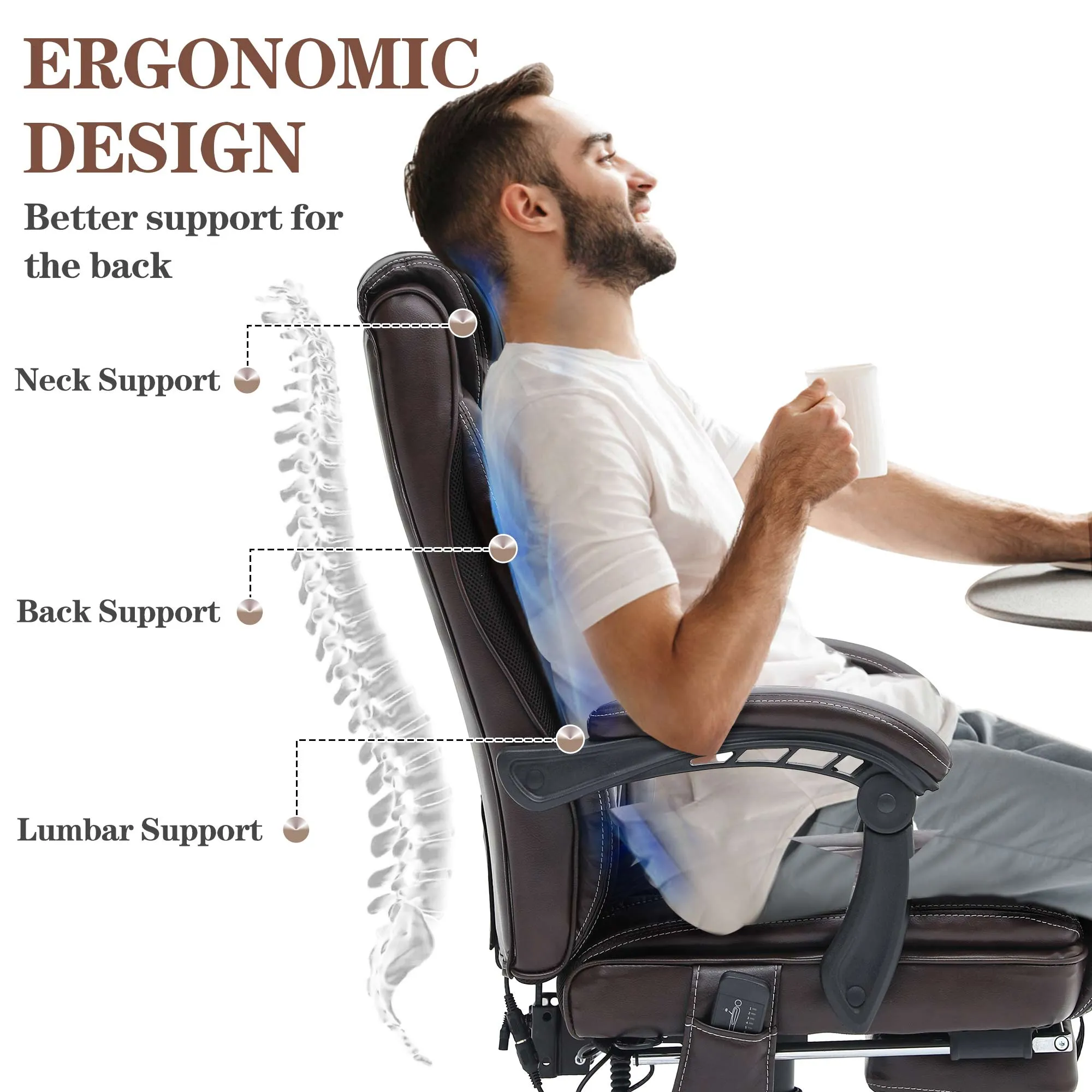 Ergonomic Executive PU Leather Adjustable Height Massage and Heated Office Chair Brown