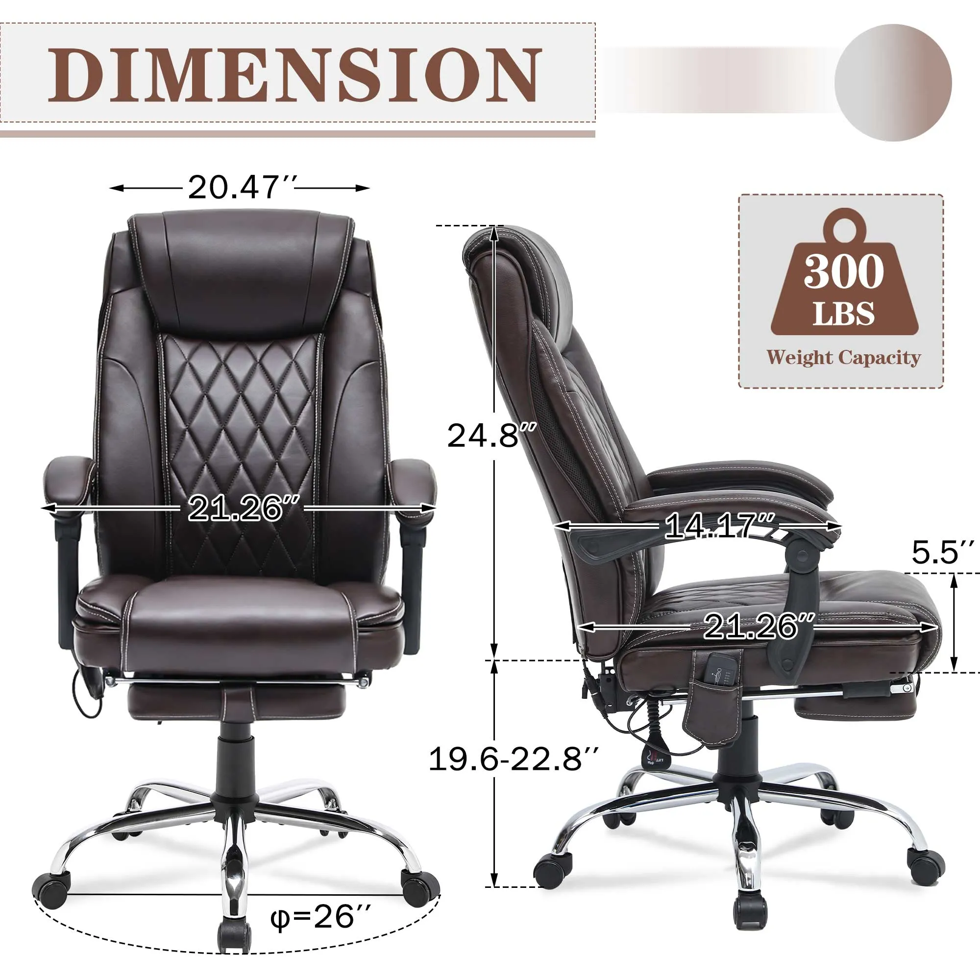 Ergonomic Executive PU Leather Adjustable Height Massage and Heated Office Chair Brown