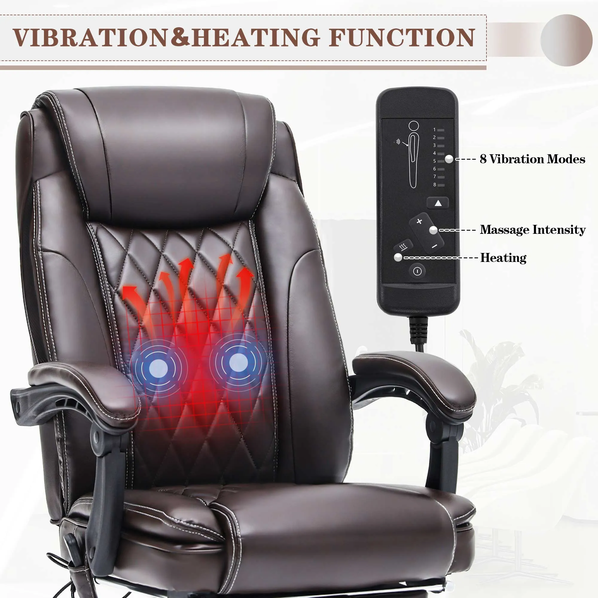 Ergonomic Executive PU Leather Adjustable Height Massage and Heated Office Chair Brown