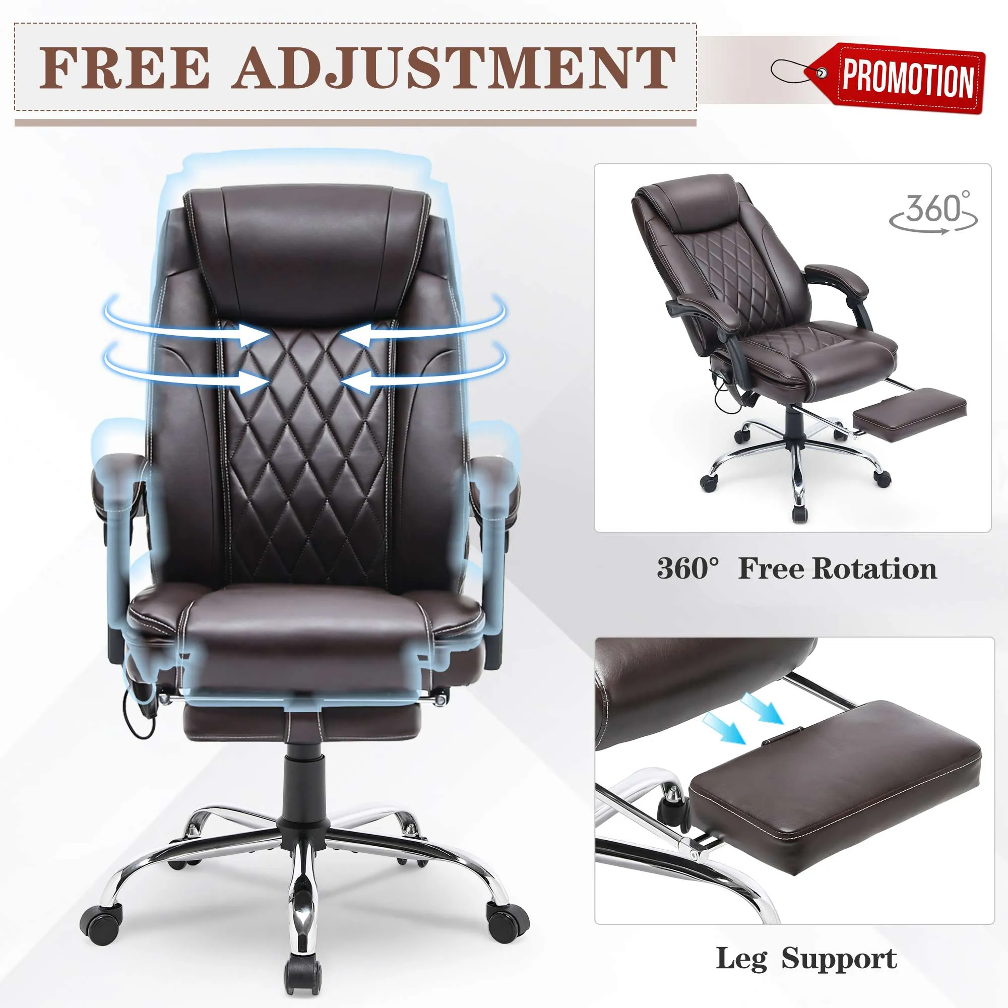 Ergonomic Executive PU Leather Adjustable Height Massage and Heated Office Chair Brown