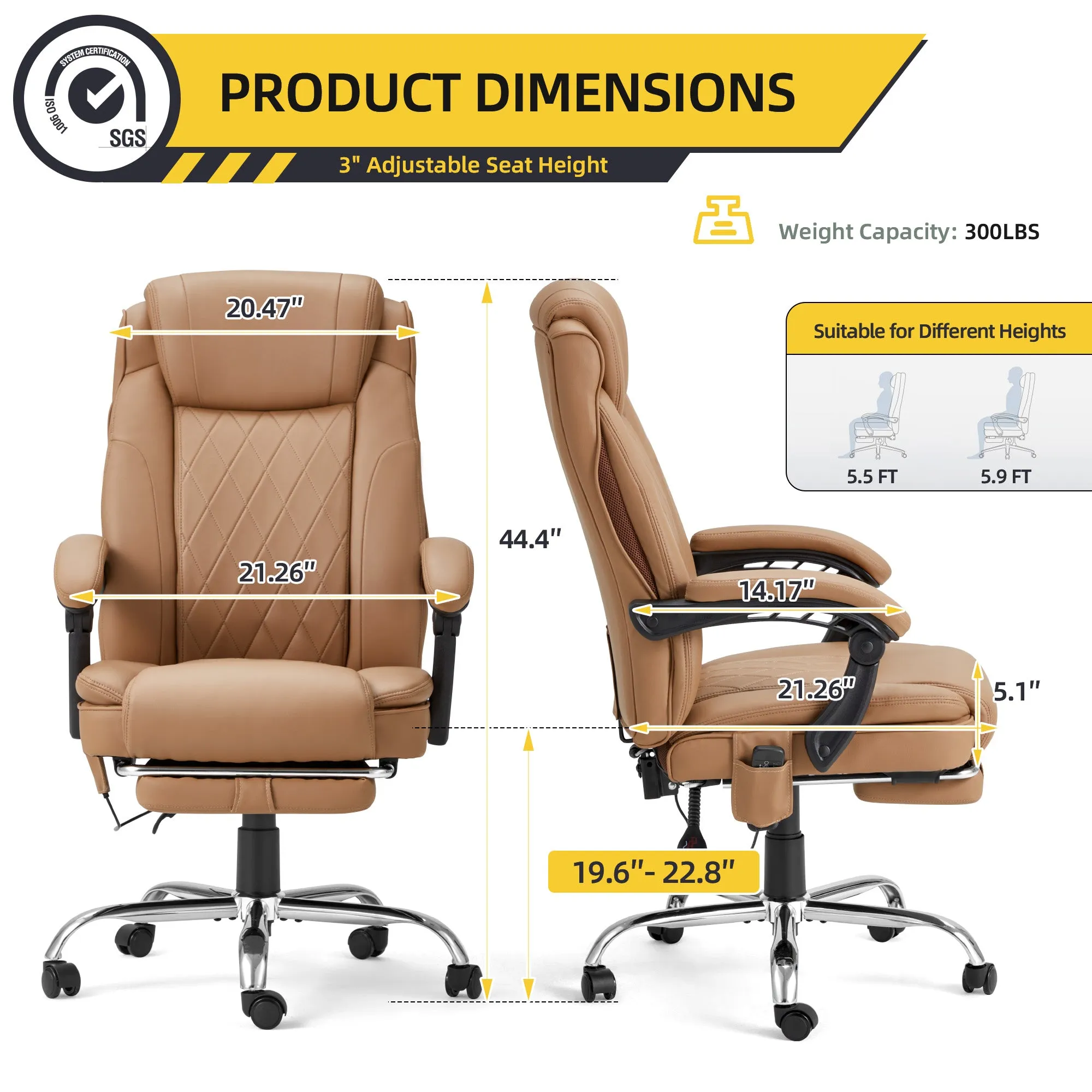 Ergonomic Executive PU Leather Adjustable Height Massage and Heated Office Chair Yellow