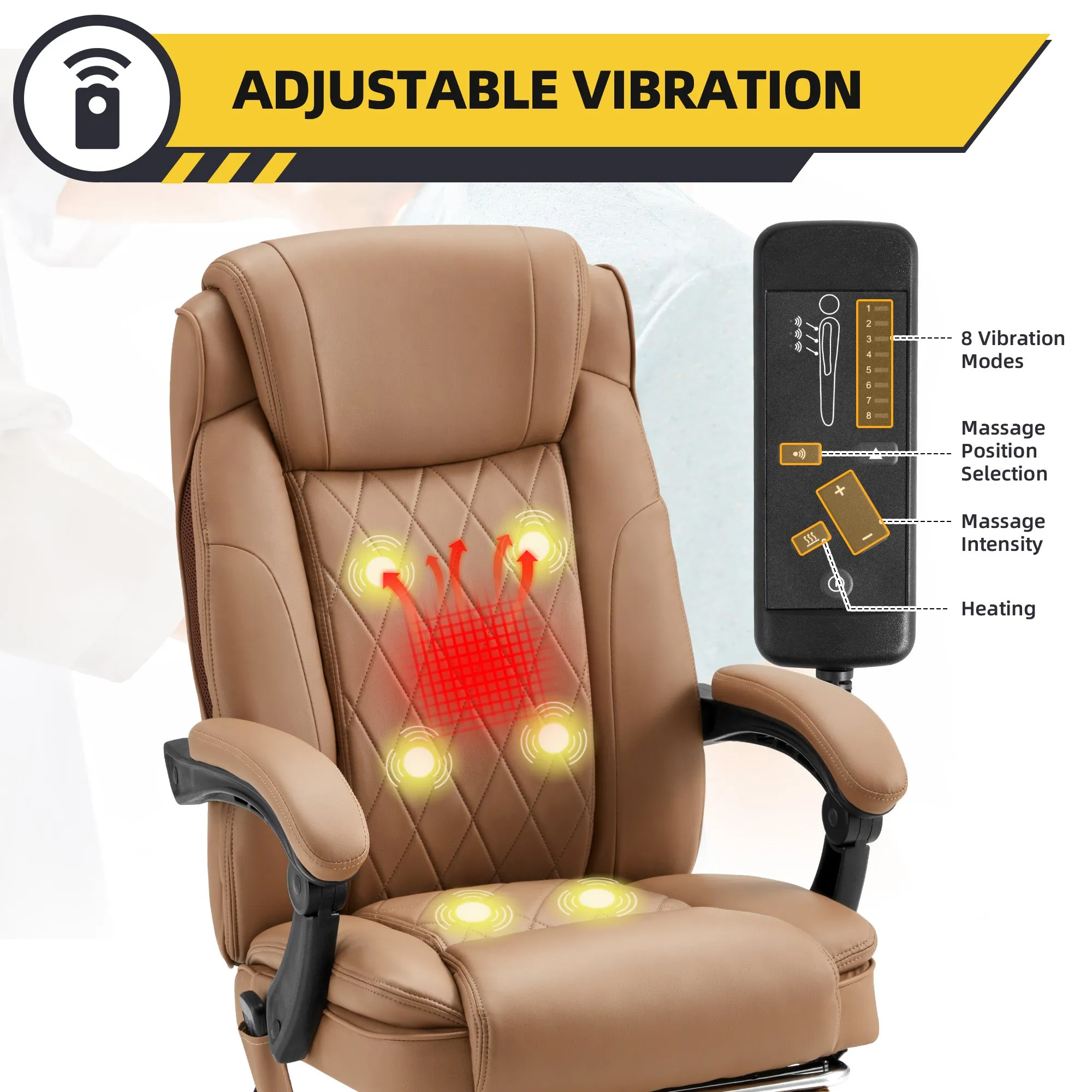 Ergonomic Executive PU Leather Adjustable Height Massage and Heated Office Chair Yellow