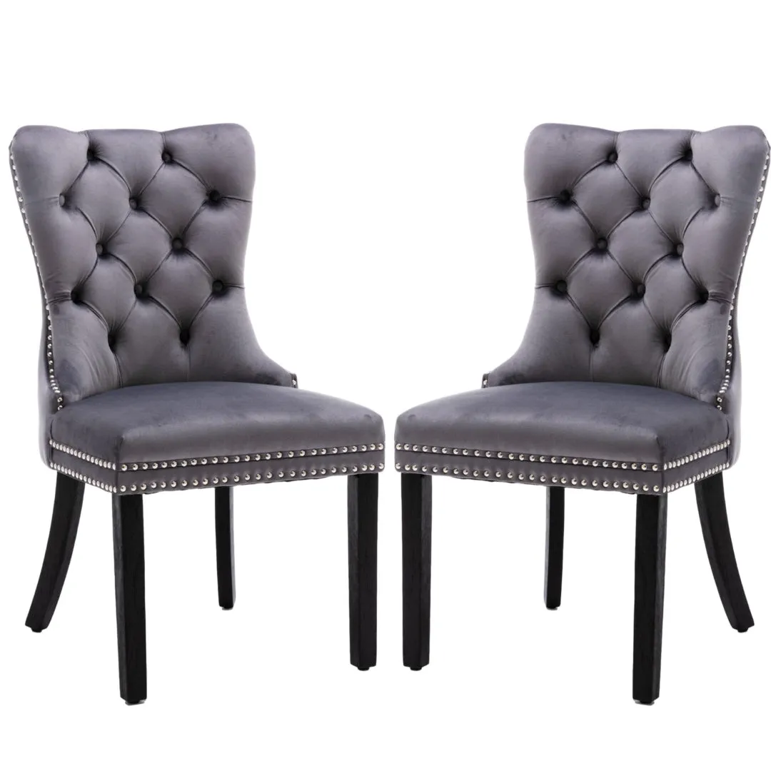 Gray Velvet Tufted Dining Chairs, High Back, Solid Wood Legs, Set of 2