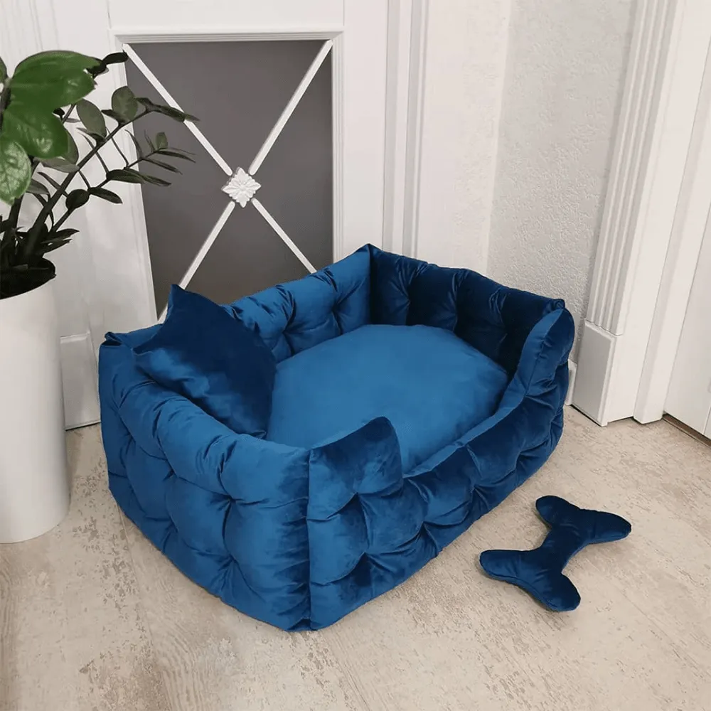 Hiputee Luxurious High Wall Soft Velvet Fabric Washable Bed for Dogs and Cats (Blue)