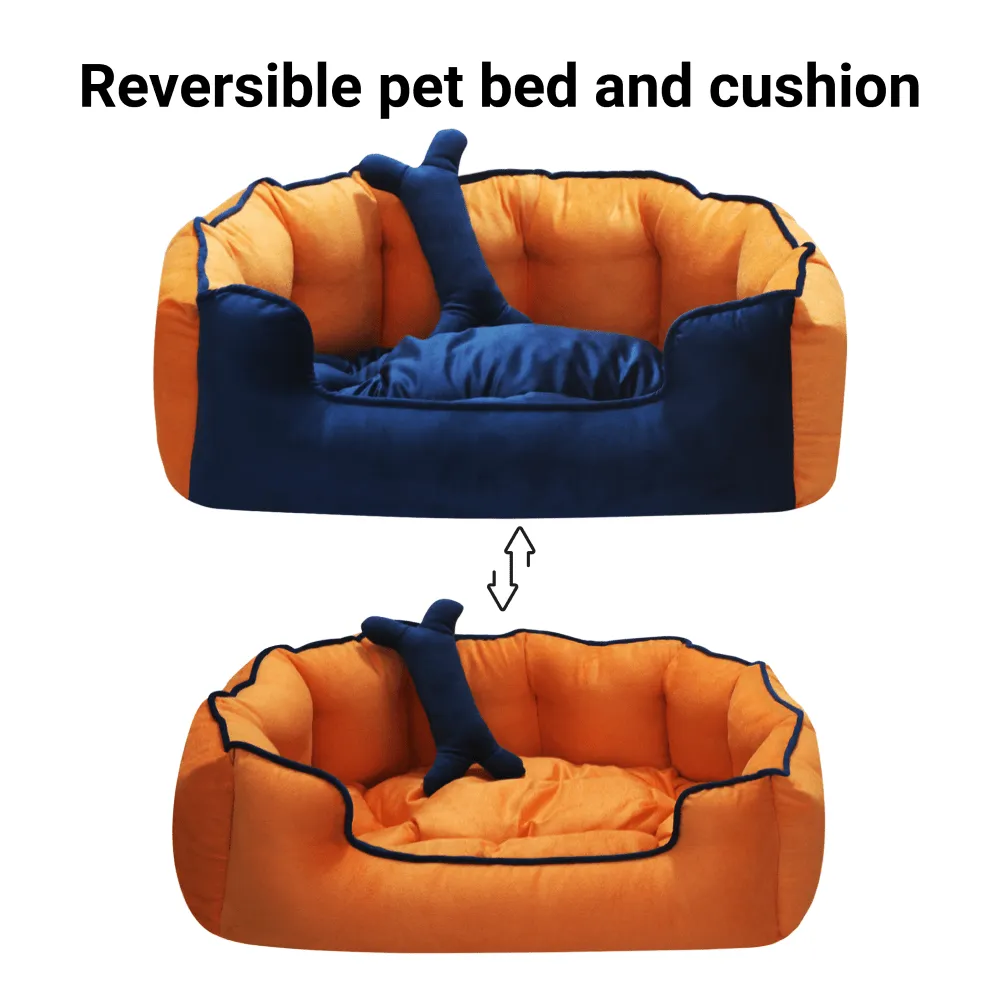 Hiputee Reversible Holland Velvet Bed for Dogs and Cats (Blue/Orange)